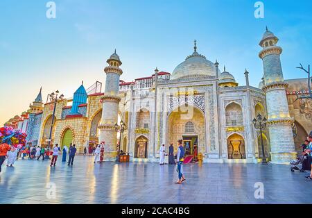 DUBAI, UAE - MARCH 5, 2020: The replica of Indian Taj Mahal is serving as the luxury jewelry store in Global Village Dubai, on March 5 in Dubai Stock Photo