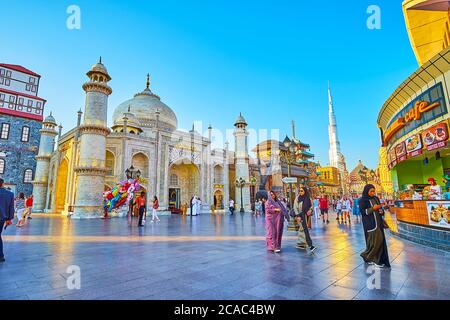 DUBAI, UAE - MARCH 5, 2020: The trade pavilion of Global Village Dubai is the small replica of Taj Mahal, on March 5 in Dubai Stock Photo