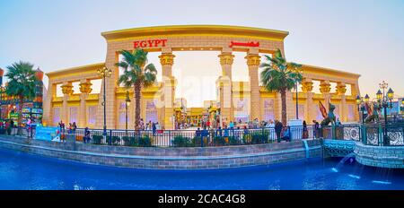 DUBAI, UAE - MARCH 5, 2020: Panorama of Egypt pavilion of Global Village Dubai with illuminated canal on the foreground, on March 5 in Dubai Stock Photo
