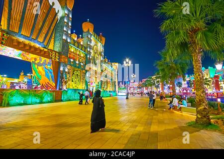 DUBAI, UAE - MARCH 5, 2020: The Africa pavilion of Global Village is decorated with authentic wall sculptures, reliefs and primitive patterns Stock Photo