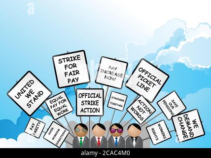 Workers on strike demonstrating with their grievances and demands on placards set against a blue cloudy sky Stock Vector