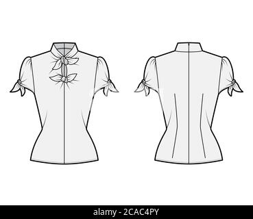 Knotted cutout blouse technical fashion illustration with high neckline, puffed volume sleeves, back zip fastening. Flat apparel template front, back grey color. Women men unisex garment CAD mockup Stock Vector