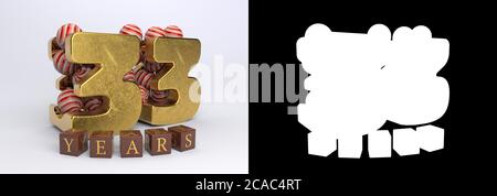 Number 33 (number thirty-three) anniversary celebration design with round candies and the inscription years from cubes on a white background with shad Stock Photo