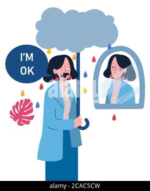women sorrow expression holding stick look in mirror cloud drops rain water color self support with flat cartoon style Stock Vector