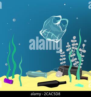Plastic pollution illustration trash under the sea. Different kinds of garbage, bags, wastes, plastic botles, and plastic utensils in the ocean Stock Vector