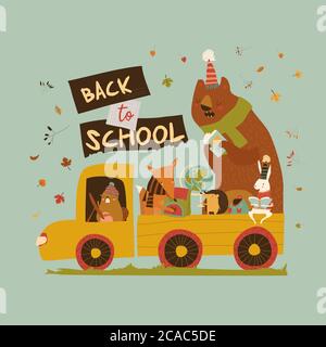 Happy cartoon animals going to the school by car Stock Vector