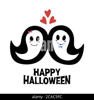 Cute girl and boy ghosts in love and boo word. Halloween greeting card. Isolated on white background. Vector stock illustration. Stock Vector