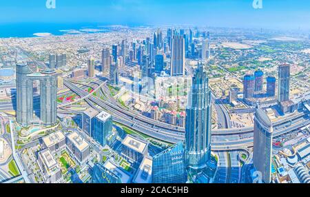 DUBAI, UAE - MARCH 3, 2020: Panoramic view on Downtown district one of the newest in the city with large amount of skyscrapers and large Sheikh Zayed Stock Photo