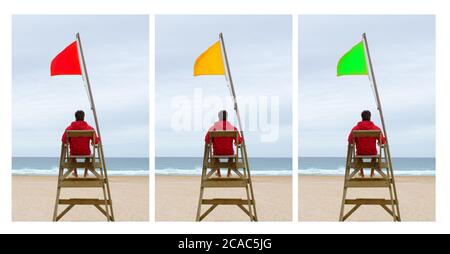 Three option in the beach. The lifeguard sitting with three different flags Stock Photo