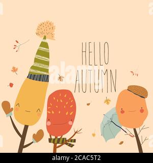 Cartoon colorful autumn trees saying hello. Happy season Stock Vector