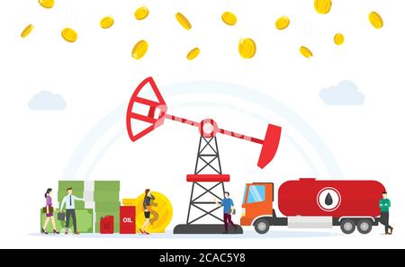 oil and gas business concept profit with oil drilling machine and money gold coin with modern flat style Stock Vector