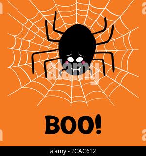 Cute cartoon black spider with guilty look, white cobweb and boo word on orange background. Halloween greeting card. Vector stock illustration. Stock Vector