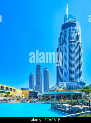 DUBAI, UAE - MARCH 3, 2020: Address Downtown is one of the most significant towers in district with great view on walking area at Dubai Mall and Burj Stock Photo