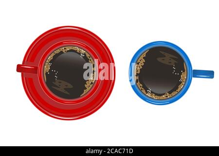Coffee cup set. Realistic blue and red coffee cup with plate isolated on white background. Business, morning symbol. Stock vector illustration Stock Vector