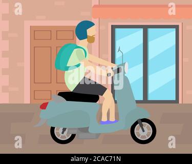 Illustration vector design of a male riding his scooter on the street. Stock Vector