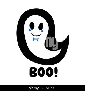 Cute boy ghost with blue bow tie and boo word. Halloween greeting card. Isolated on white background. Vector stock illustration.