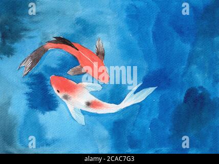 Watercolor hand painting, two koi carp fish in pond, symbol of good luck and prosperity Stock Photo