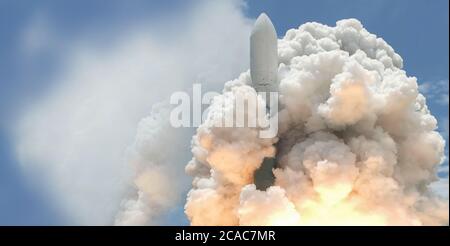 Launch of the spaceship from the spaceport Stock Photo