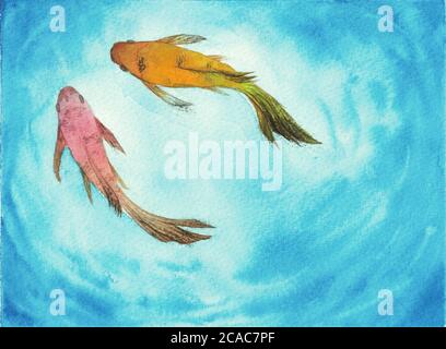Watercolor hand painting, two koi carp fish in pond, symbol of good luck and prosperity Stock Photo