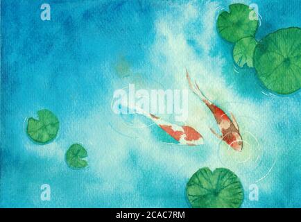 Watercolor hand painting, two koi carp fish in a pond, the symbol of good luck and prosperity. Stock Photo