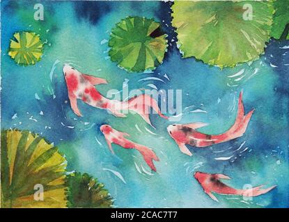 Watercolor hand painting, two koi carp fish in pond, symbol of good luck and prosperity Stock Photo