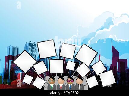 Protesters or striking workers with blank placards with copy space for own text with generic city back ground set against a blue cloudy sky Stock Vector