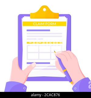 Hand signs clipboard with claim form on it, paper sheets, pen. Stock Vector