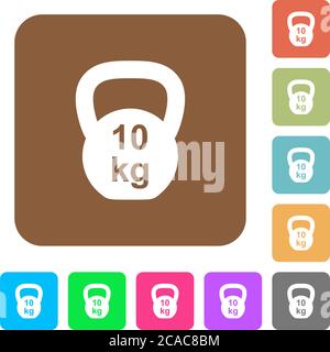 Kettlebel 10 Kg flat icons on rounded square vivid color backgrounds. Stock Vector