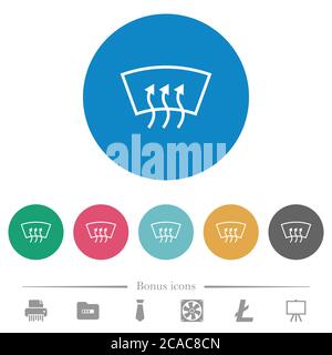 Windshield defrost flat white icons on round color backgrounds. 6 bonus icons included. Stock Vector