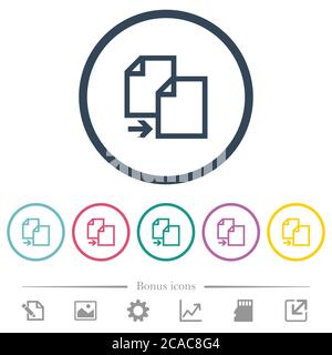 Copy item flat color icons in round outlines. 6 bonus icons included. Stock Vector