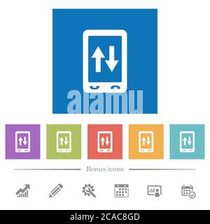 Mobile data traffic flat white icons in square backgrounds. 6 bonus icons included. Stock Vector