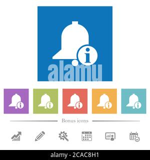 Reminder info flat white icons in square backgrounds. 6 bonus icons included. Stock Vector