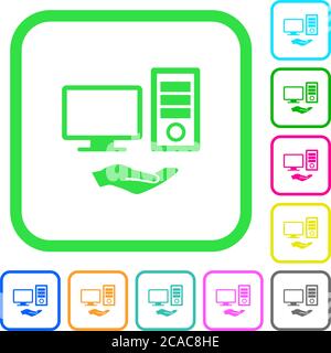 Shared computer vivid colored flat icons in curved borders on white background Stock Vector