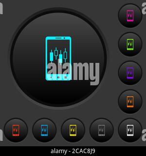 Mobile broker dark push buttons with vivid color icons on dark grey background Stock Vector