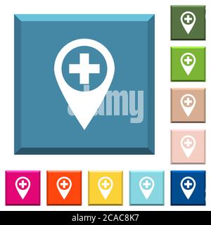 Add new GPS map location white icons on edged square buttons in various trendy colors Stock Vector