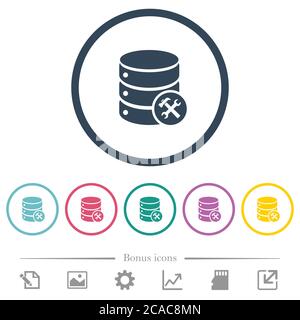 Database maintenance flat color icons in round outlines. 6 bonus icons included. Stock Vector