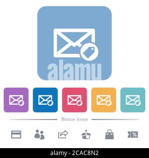 Tagging mail flat white icons in square backgrounds. 6 bonus icons included. Stock Vector