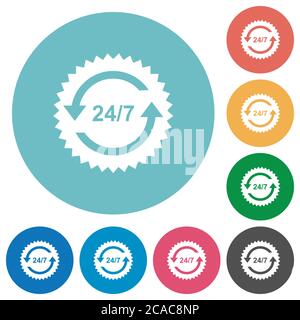 24 hours seven sticker with arrows flat white icons on round color backgrounds Stock Vector
