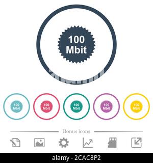 100 mbit guarantee sticker flat color icons in round outlines. 6 bonus icons included. Stock Vector