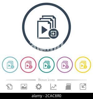 Import playlist flat color icons in round outlines. 6 bonus icons included. Stock Vector