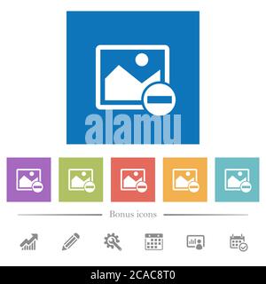 Remove image flat white icons in square backgrounds. 6 bonus icons included. Stock Vector