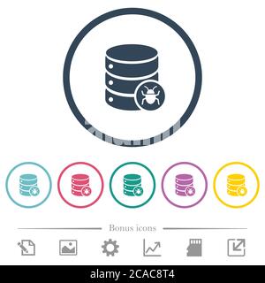 Database bug flat color icons in round outlines. 6 bonus icons included. Stock Vector