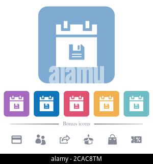 Save schedule data flat white icons in square backgrounds. 6 bonus icons included. Stock Vector