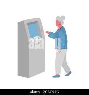 Elderly woman withdraws money from an ATM. Old woman uses terminal. People icon. Vector illustration in flat style. Stock Vector