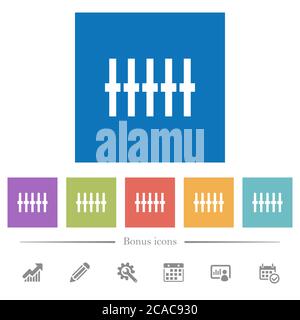 Graphical equalizer flat white icons in square backgrounds. 6 bonus icons included. Stock Vector