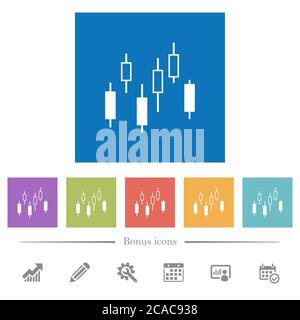 Candlestick chart flat white icons in square backgrounds. 6 bonus icons included. Stock Vector
