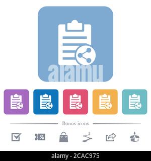 Share note white flat icons on color rounded square backgrounds. 6 bonus icons included Stock Vector
