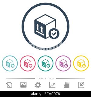 Safe package delivery flat color icons in round outlines. 6 bonus icons included. Stock Vector