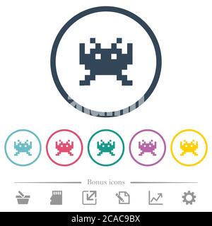 Video game flat color icons in round outlines. 6 bonus icons included. Stock Vector