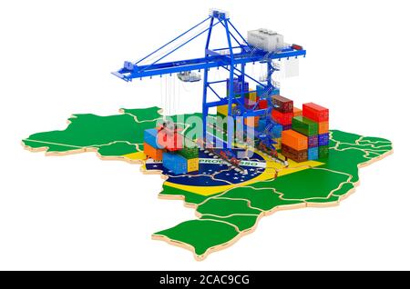 Freight Shipping in Brazil concept. Harbor cranes with cargo containers on the Brazilian map. 3D rendering isolated on white background Stock Photo